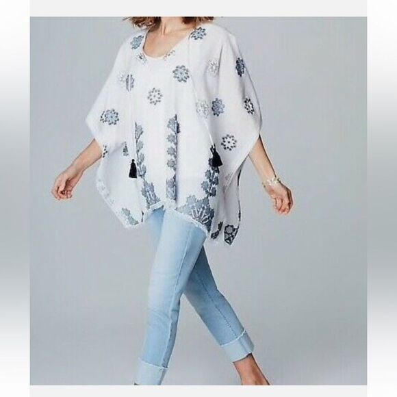 Jill Light & Airy Ocean Breeze Blue Jacquard BoHo PRINT SCARF PONCHO - Picture 1 of 11